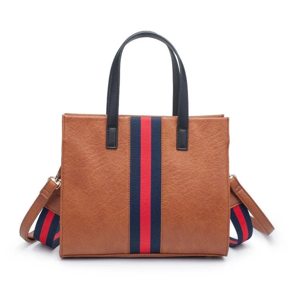 Moda Luxe Brown Tote with Navy and Red Stripe
